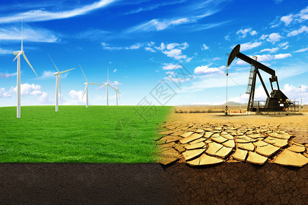 在一个美丽的领域绿色能源风车的概念在有裂缝的沙地的油泵能源生产图片