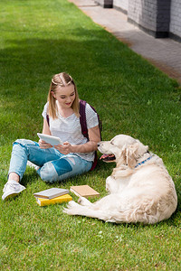 与狗一起坐在草地上时使用平板药的图片