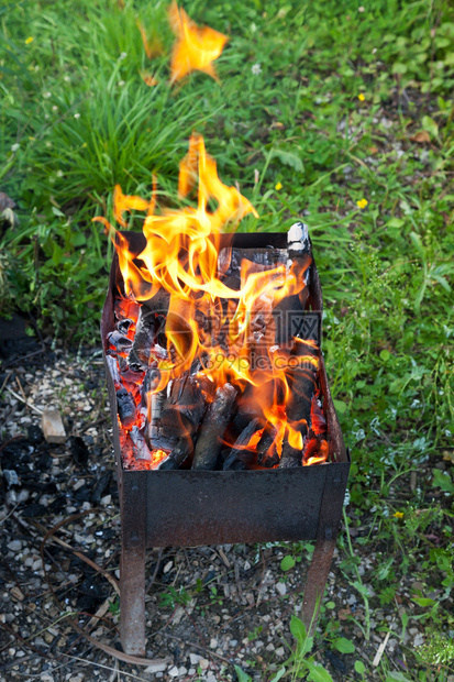 在户外烤肉机中燃烧的木图片