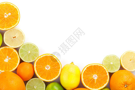 柑橘水果橙子石灰和柠檬白背景与图片