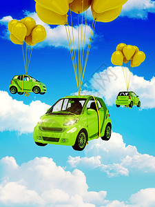 有黄色气球的绿色汽车图片