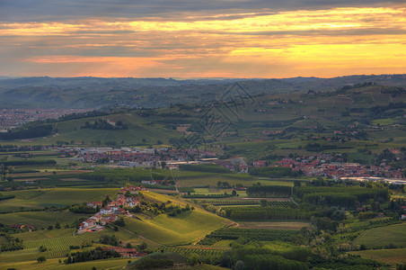 日出时意大利北部皮埃蒙特山丘和兰格葡萄图片
