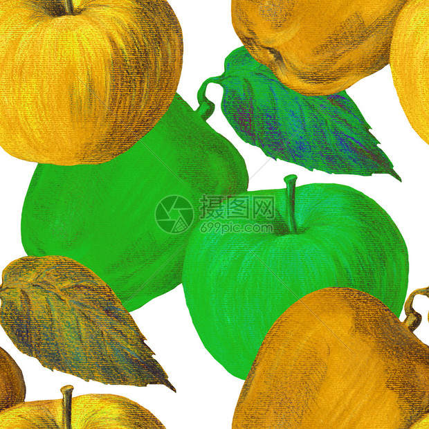 黄色绿苹果叶彩色铅笔样式无缝白图片