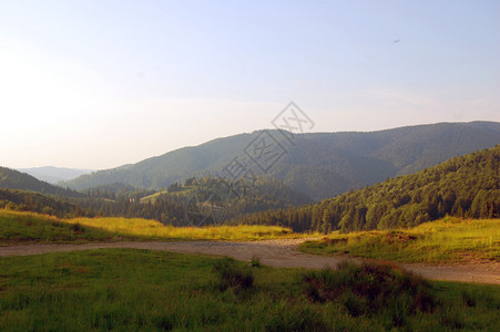 夏季景观中的山峰和绿色草地景观图片