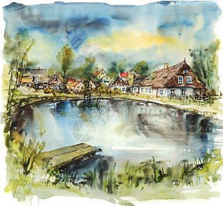 村里的池塘水彩插图图片