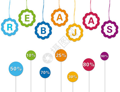 带有折扣报价和Rebajas一词的多彩标签西班牙语的图片