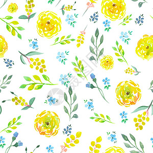 剪纸燕子黄花和蓝花的无缝花粉形态白底漆在水彩色插画