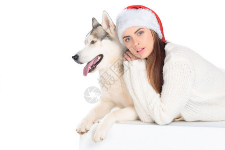 哈斯基狗和穿着圣塔帽子的可爱女孩图片