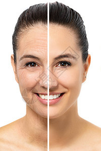 关闭显示皮肤老化的年轻女子的面部拍摄比较图片