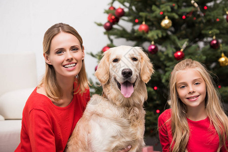母亲和女儿笑着微笑带着狗坐在圣诞图片