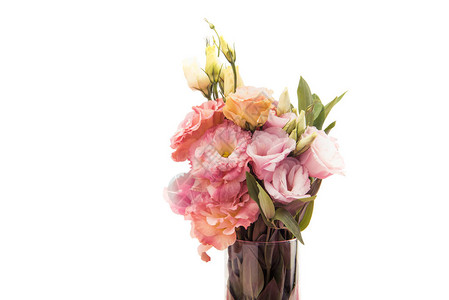简约室内装饰近距离观看白色隔绝的花瓶中鲜嫩粉红色鲜背景