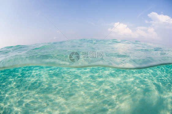 阳光明亮的波纹横跨热带太平洋浅图片