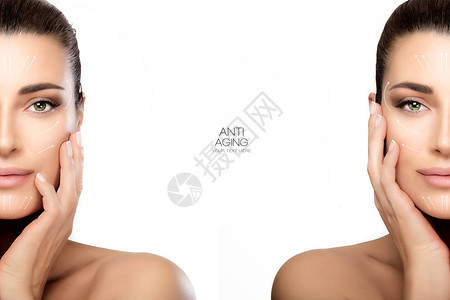抗衰老治疗和整形手术概念与两个半脸肖像的美丽年轻女子的完美光滑的肤色图片