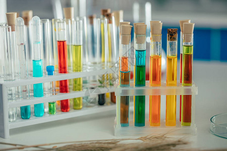 生物实验室桌面上的烧瓶中的彩色试剂图片