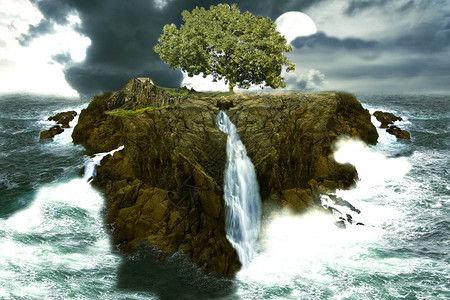 海洋中的树岛有瀑布背景图片