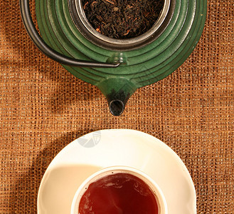 有茶叶和一杯茶的茶壶图片