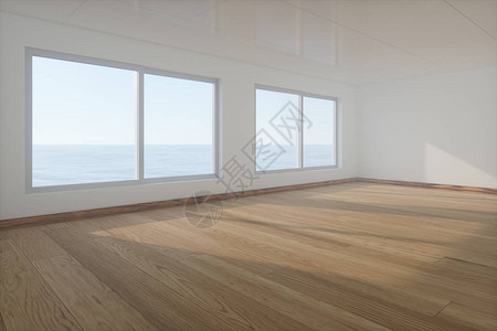 有木地板的空房窗外是海3D翻接图片