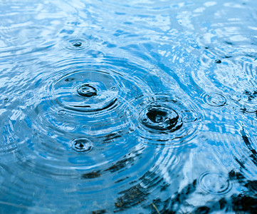 雨滴在蓝天反射的水坑中荡漾图片