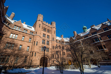 在美国首都新黑文的耶鲁大学楼下雪后冬季的图片