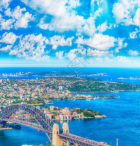 日落时的悉尼港鸟瞰图背景