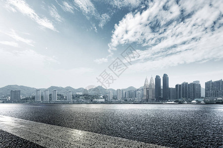 空旷的柏油路与蓝天下的重庆市容背景图片