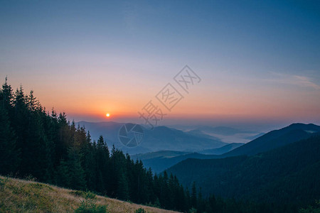 日落时山上雄伟茂密的森林全景图片