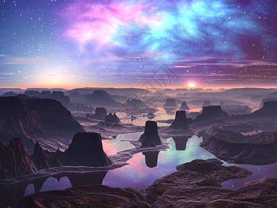 外星湖景观上多彩气云的图片