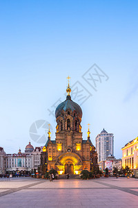 圣·索菲亚教堂黄昏的哈尔滨索菲亚大教堂背景