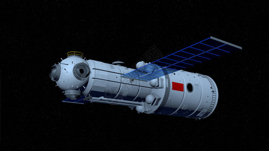 天宫三号天河核心舱的3D模型空间站在黑色空间上飞行图片