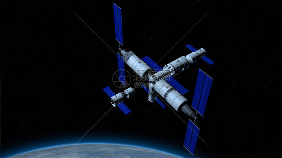 神舟载人航天器在与天宫三号的天河核心舱耦合的方向上空间站与下面的行星地球在黑色空间与恒星背景图片