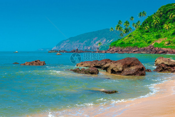 风景秀丽的热带海滩和蓝天图片