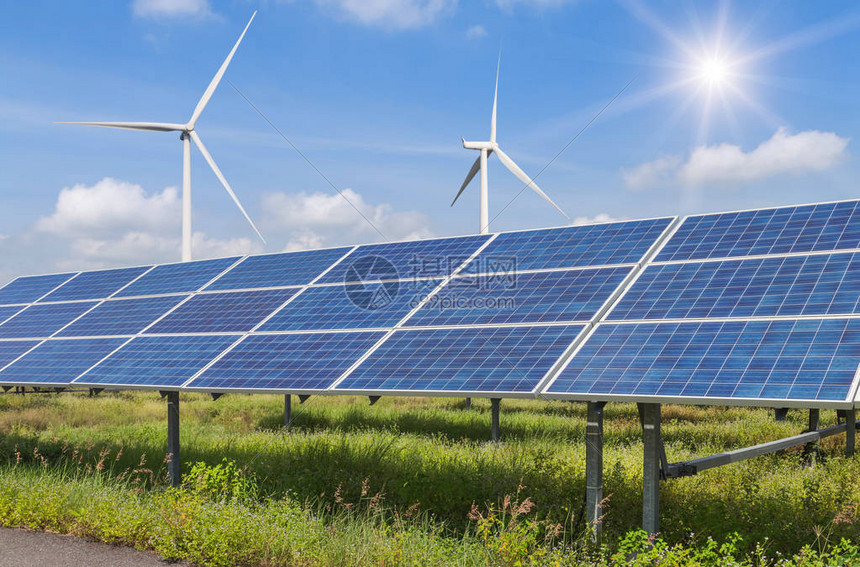 太阳能电池板和风力涡轮机发电是太阳能和风能混合电厂系统站使用可再生能源发高清图片下载-正版图片503445308-摄图网
