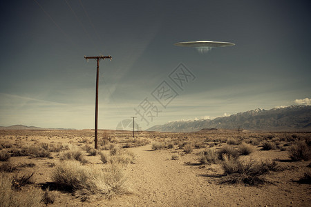 低空飞行的UFO号飞船在一条沙漠土路上徘徊图片