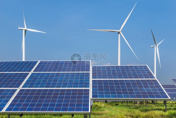太阳能电池和风力涡轮机从自然生态概念的发电站替图片