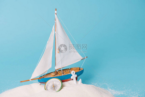 蓝色背景白沙中靠近锚和指南针的装饰船图片