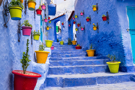 非洲北非摩洛哥舍夫沙万或朝万以其狭窄的小街道和涂有各种鲜艳蓝色的街区而闻名狭窄的走廊上种着五图片