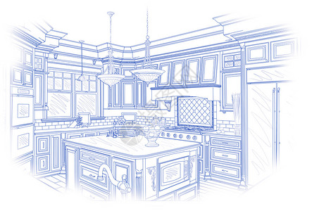 美丽的自定义厨房设计图画在蓝图片