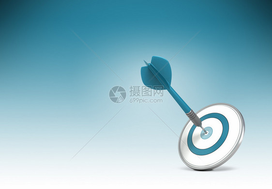 一支飞镖在从蓝到白的渐变上击中目标的中心设置业务目标或目标并实现图片