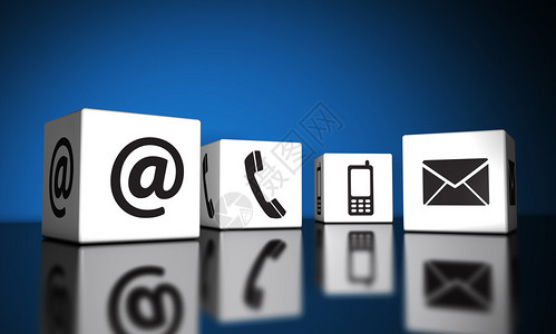 网络联系我们和连接概念与电子邮件手机和图标和符号在具有反射和蓝色的立方体上的网站博图片