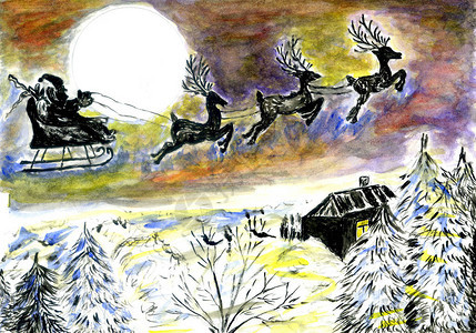 冬季圣诞之夜带着圣诞老人在水彩背景图片