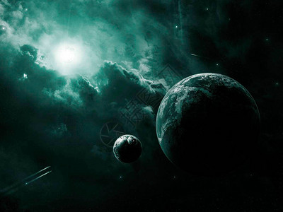 空间场景暗绿色星云两个行星由美图片