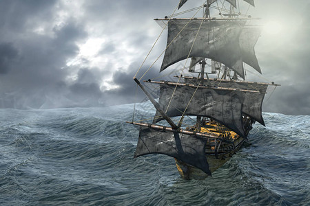 海盗船在海上航行3D渲染图片