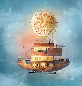 幻想中的蒸汽船飞在星空飞行背景图片