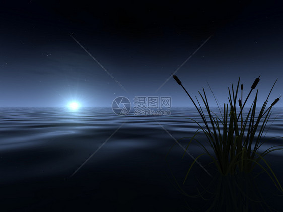 月亮在湖面的温柔波纹表面上升起图片