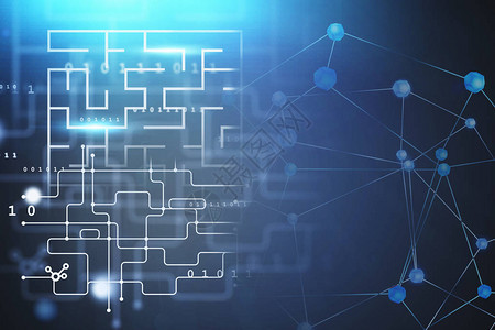 蓝色背景的复杂迷宫和网络全息图技术和集思广益的概念3d使刻度图片