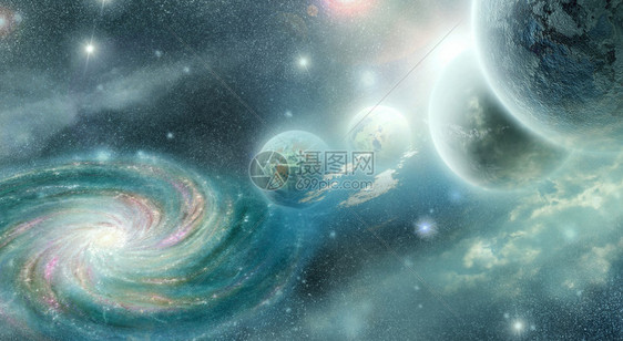 背景螺旋星系的行星和云空间图片