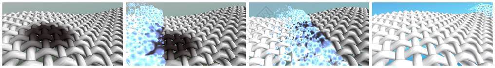 去污过程一步的3D渲染插图集洗衣粉去污剂或洗衣液有活作用之前和之后有图片