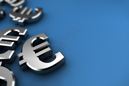 欧元概念在蓝色背景上带有银美元符图片