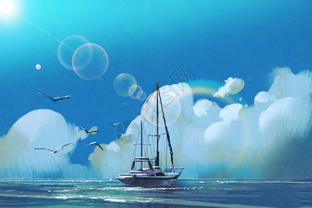 在海上的帆船与夏日天空对抗大云图片
