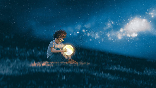 夜景展示年轻男孩手拿着小月亮坐在上数字艺术风格图片
